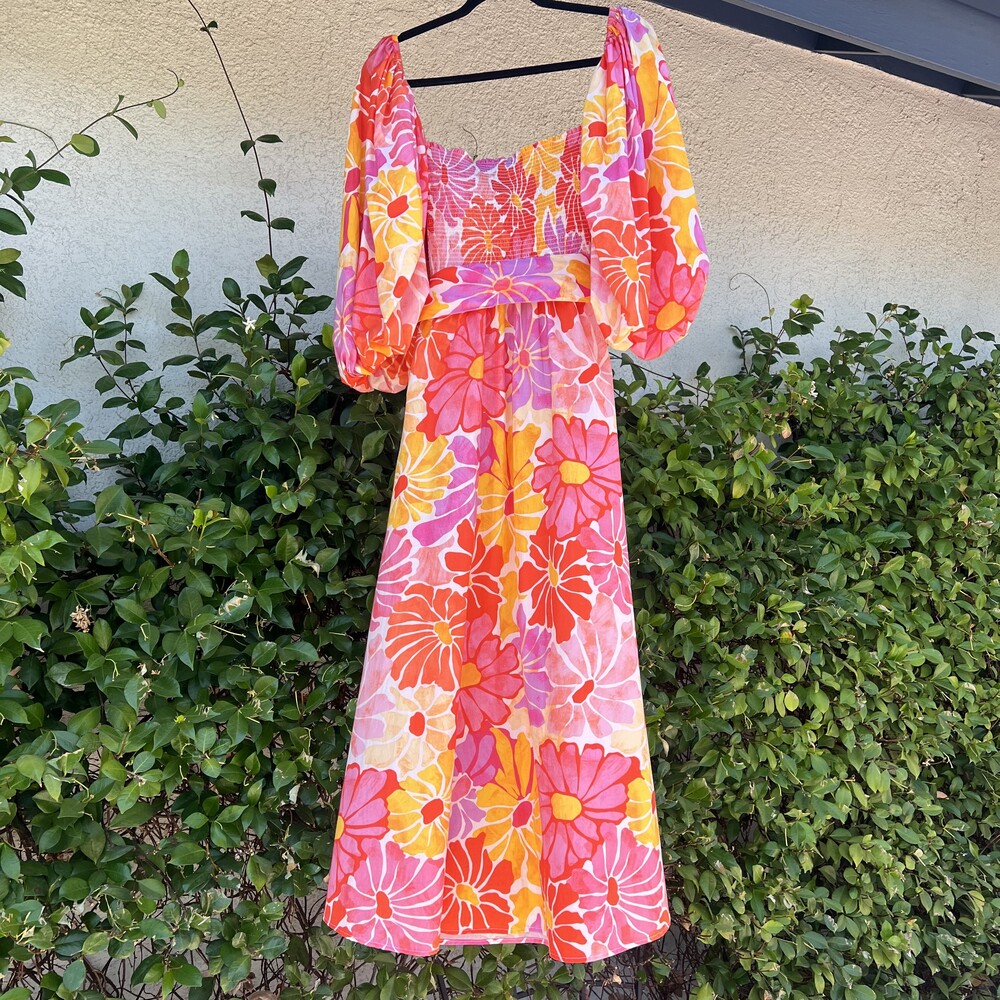 NWT Sundress Emilia Long Dress Saleya Print Pink Puff Sleeves Size XS fits Small - Picture 6 of 8
